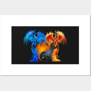 Fantasy Fire And Ice Phoenix Orange Blue Yin Yang Posters and Art